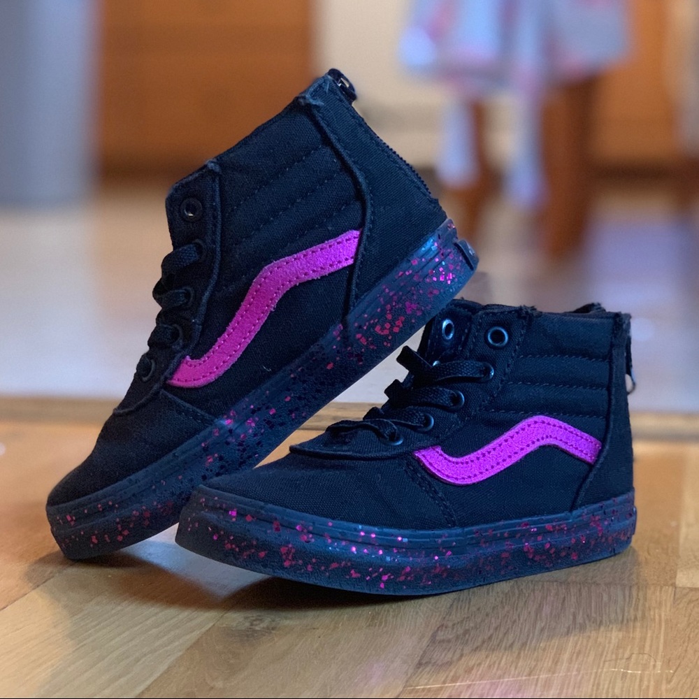 Black & pink sparkle hi-top Vans size 8T.